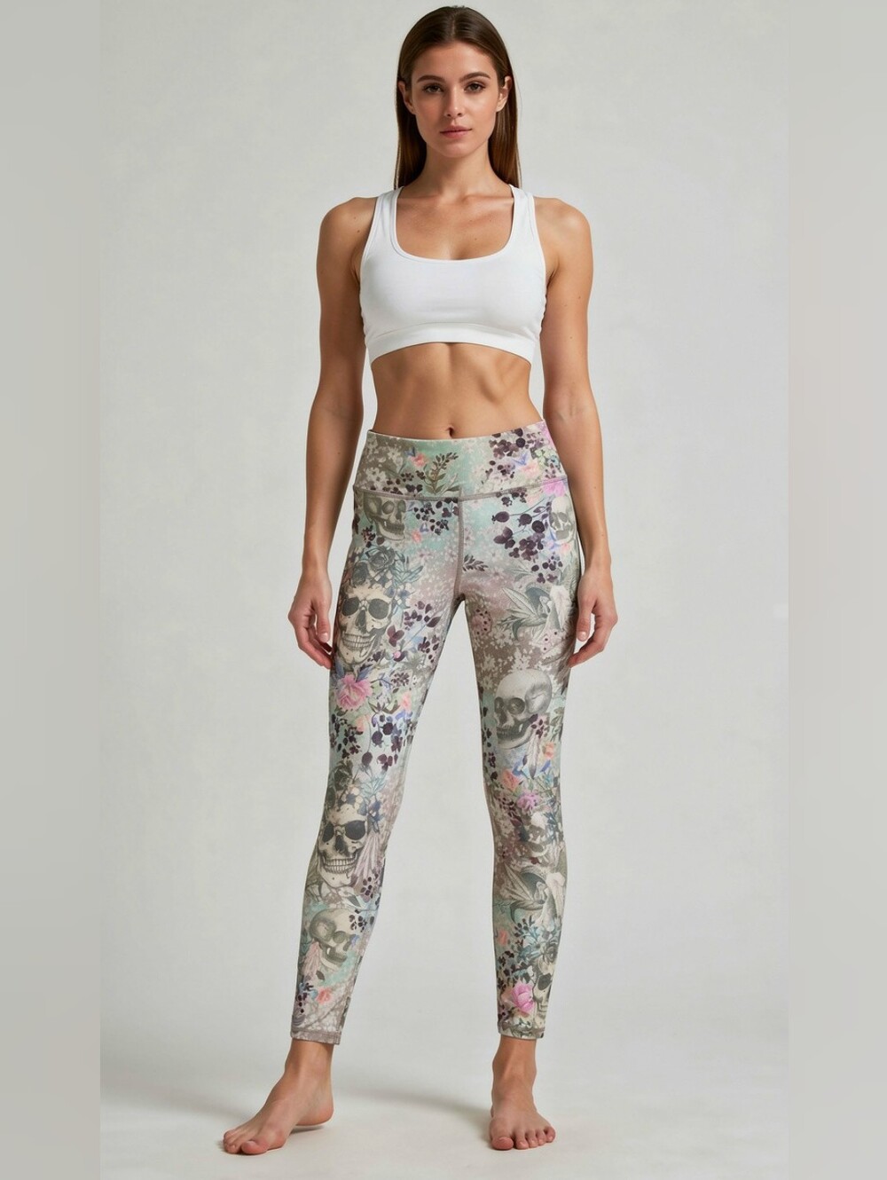 Boho Tribal Skull Print Floral Leggings By Evolution & Creation 25" Inseam